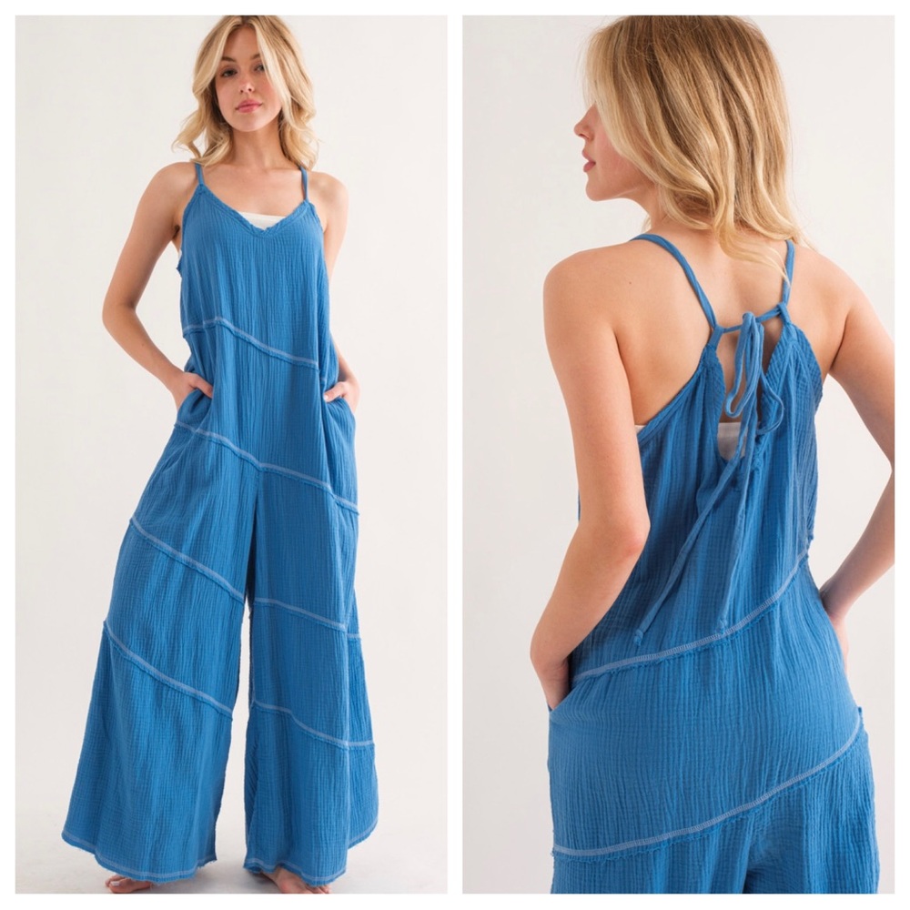 72 Boho Spaghetti Straps Contrast Stitch Jumpsuit - Picture 3 of 4